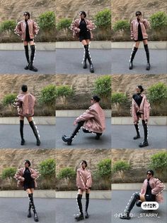 several pictures of a woman in black boots and pink coat, with multiple images of her legs