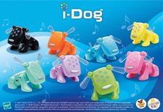 an advertisement for the i - dog musical toy set, which features colorful plastic animals