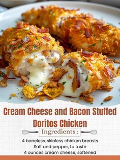 a white plate topped with cheesy potatoes and bacon stuffed doritos chicken