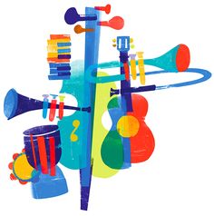 an abstract painting of musical instruments on a white background