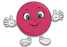 a pink ball with green eyes and hands on it's hips, smiling while standing in front of a white background