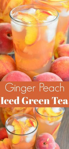 ginger peach iced green tea with sliced peaches