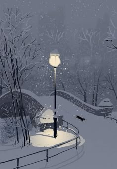 a street light in the middle of a snowy park