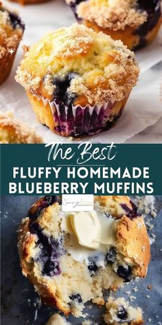 the best blueberry muffins are made with fresh blueberries and topped with butter