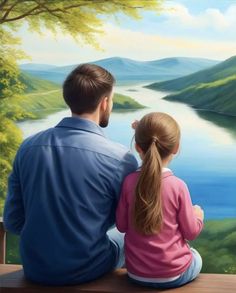 a father and daughter sitting on a bench looking at the water