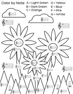 the color by number sheet for children to learn how to draw flowers and music notes