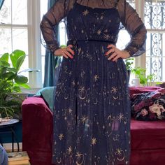 Purchased From A Boutique In Portland, Maine. Tried On. Still Has The Tags Attached. Blue Dress With Blue Slip. Navy And Gold Dress, Moonlight Dress, Starry Night Dress, Portland Maine, Dress Xl, Gold Dress, Xl Dress, Maid Of Honor, Blue Dress