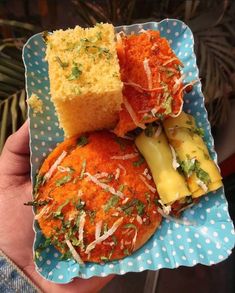 a person holding a plate with different types of food on it, including bread and cheese