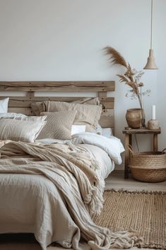 a large bed sitting in a bedroom next to a wooden headboard and foot board