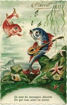 a fish with a guitar in it's mouth and another fish on the ground