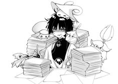 an anime character surrounded by stacks of papers