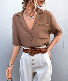 Short Sleeve Shirt Women, Sleeves (women), Look Chic, Lapel Collar, Shirts For Girls, Short Sleeve Shirt, Sleeve Shirt, Womens Shirts, Short Sleeves