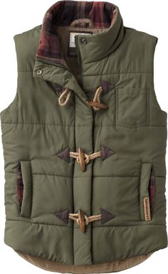 Just enough to take the chill out!  Soft poly shell with quilted insulation for surprising warmth.  Features a soft Legendary accented collar and pocket lining large hand warmer pockets and functioning wood toggles with rope loops over a full front zipper.  Pairs perfectly with our Cottage Escape flannel shirts. Womens Quilted Vest, Woman Vest, Hooded Flannel, Quilted Puffer Vest, Country Shirts, White Tail, Outerwear Vest, Quilted Vest, Down Vest