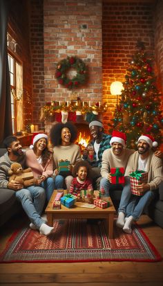 a group of people sitting around a table with presents in front of a christmas tree