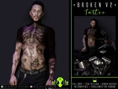 a man with tattoos standing next to a motorcycle