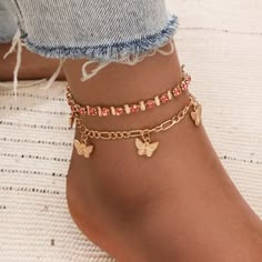 18k Gold Plated Pink Crystal Anklet Bracelet Gold Butterfly Charm Set 2 Pcs Gold Plated Bohemian 2pcs Tassel Anklet, Butterfly Anklet, Summer Beach Jewelry, Bohemian Style Jewelry, Leg Chain, Crystal Anklet, Heart Anklet, Ankle Jewelry, Gold Anklet