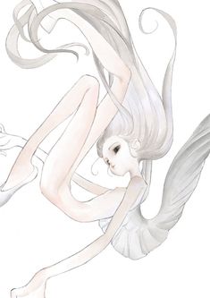 a drawing of a woman with long white hair and an angel wings on her body