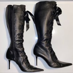 Les Tropeziennes Black Leather Lace Up Boots Corset Style Lace-Up At Front With A Satin Ribbon On Left Boot The Inside Is Stretched Out But You Cannot See That Part On The Outside Protective Sole Added Size 38 Made In Italy Bought At The Les Tropeziennes Boutique In Milan Shoes With Ribbon Laces, Nancy Downs, Black Lace Up Heels, Lace Up Heel Boots, Leather Lace Up Boots, Online Thrift, Corset Style, Lace Up Heels, Leather Lace