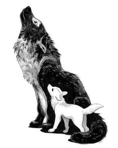 two wolfs sitting next to each other in front of a black and white background