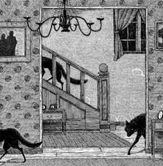 a black and white drawing of a cat walking in front of a door to another room