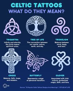 the celtic tattoo symbols are shown in purple and blue, with an image of a cross on