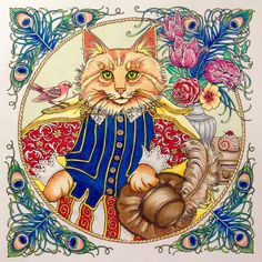 a drawing of a cat in a blue coat with flowers and feathers around it's neck