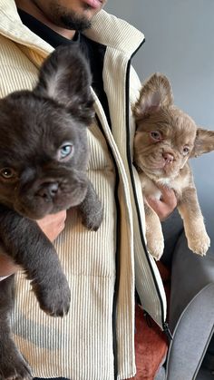 a man is holding two puppies in his lap and looking at the camera while wearing a jacket