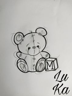 a drawing of a teddy bear sitting on top of a piece of paper with writing underneath it