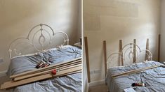 two pictures of a bed with wooden slats on it