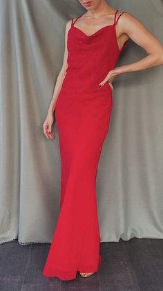 This is an incredibly feminine evening gown. Vintage from 1990s. Dress has a special 90s classic vibe with an incredibly sensual red colour, criss-cross spaghetti shoulder straps on open back and beautiful beaded floral appliqué. It is made of combination of nice chiffon and satin lining in same colour. Content 100% polyester, lining - viscose Size on tag is S, fits perfectly on XS as well. Measurements: Bust 40 cm X 2  Waist 35 cm X 2 Hips 46 cm X 2 Because the dress has a bias cut, it has a na Formal Long Gown, Lipstick Red, Beaded Applique, Floral Applique, Long Gown, Cross Straps, Dress Clothes For Women, Criss Cross, Evening Gowns