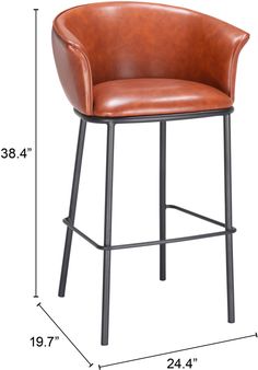 an image of a brown leather bar stool with measurements for the seat and backrest