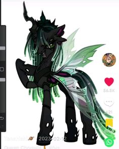 an animated image of a black and green pony with wings on it's head