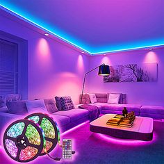 a living room filled with purple furniture and lights on the ceiling, along with a large colorful ball