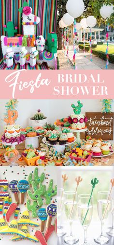 a colorful fiesta bridal shower with cactus decorations and desserts