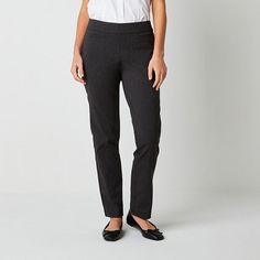 Liz Claiborne designed this pair of women's pull-on trousers to give you a sleek silhouette. They are cut for a straight-fit in a mid-rise with straight legs from a woven stretch fabric with a smooth elastic waistband. Wear yours with a blouse and heeled sandals.Front Style: Flat FrontFeatures: Stretch FabricClosure Type: Full Elastic, Pull OnConcerns: Tummy SolutionsFit: Straight FitPockets: 2 Side Slip Pockets, 2 Back Slip PocketsRise: Mid RiseFiber Content: 75% Rayon, 22% Nylon, 3% SpandexFab Business Casual Straight Dress Pants With Pull-on Style, Office Pull-on Straight Pants, Office Straight Pants With Pull-on Style, Pull-on Straight Pants For Office, Comfort Stretch Straight Dress Pants For Work, Comfort Stretch Tapered Leg Work Pants, Comfort Stretch Dress Pants For Workwear, Workwear Straight Dress Pants With Pull-on Style, Pull-on Style Straight Dress Pants For Work