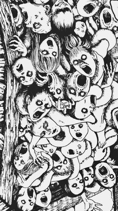 black and white drawing of people with faces in the middle of a crowd, surrounded by skulls