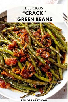 Crack green beans is a sweet and savory side dish topped with crispy bacon and smothered in a delicious brown sugar soy sauce. via @sailor_bailey Delicious Side Veggies, Soy Sauce Green Beans Brown Sugar, Apricot Glazed Green Beans, Green Bean And Bacon Side Dish, Green Bean Salad With Bacon, Smother Green Beans, Green Beans Christmas Dinner, Green Side Salad Recipes, Classy Snacks For Party