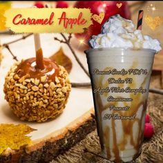 an advertisement for caramel apple coffee on a table with other desserts and candies