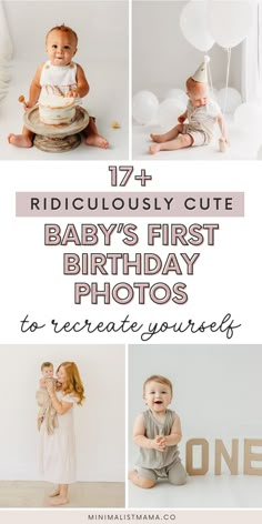 baby's first birthday photos with balloons in the background and text overlay that reads,