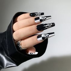 PRICES MAY VARY. UNIQUE DESIGN - Black white flame design, long ballerina shape, combine trendy elements with classic color and shape, looks shiny and cool HIGH QUALITY - BABALAL flame nails are made of high quality ABS material, non-toxic, no odor, no harm to your nails or body, durable and not easy to fade, providing you with a safe and comfortable nail experience VARIED SIZE - 24pcs glossy nails in 12 different sizes, no matter what your nail size is, you can choose the most suitable size for Black And White Nail, Long Press On Nails, Heart Nail, Nagel Tips, Manicure Diy, Manicure Tips, Coffin Press On Nails, Ballerina Nails, White Nail