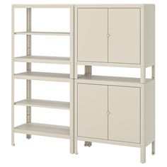 a white shelf unit with two doors and three shelves on each side, in front of a white background