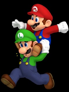 the mario and luigi bros characters are being carried on their back by each other in this image