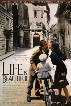 a movie poster for life is beautiful with two people kissing on the back of a bike