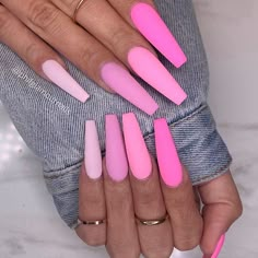 Hot Pink Matte Nails, Pink Monochrome Nails, Long Coffin Nail Ideas, Different Shades Of Pink Nails, Shades Of Pink Nails, Pink Matte Nails, Black And Pink Nails, World Nails, Matte Pink Nails