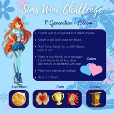 Generational challenge idea for The Sims 4. Winx Challenge. Each generation is a different Winx. Hope you like it. Modify it however you want to make your game more fun. Winx Next Generation, Joy Of Life Challenge Sims 4, Sims Generation Challenge, Sims4 Legacy Challenge, The Sims 4 Gameplay Ideas, Winx Sims 4 Cc, Sims 4 Cc High School