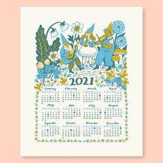 a blue and yellow calendar with an image of two gnomes in the forest on it