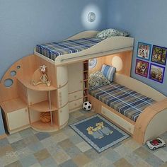 a child's bedroom with a bunk bed and soccer themed rug on the floor