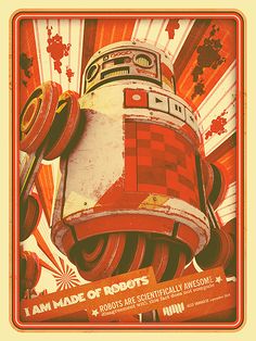 a red and white poster with an image of a robot on it's back