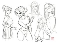 some sketches of the characters from disney's frozen princesses, including two girls and one