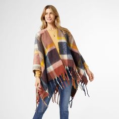 Lennon Supersoft Ruana - Multi Plaid Cozy Shawl Wrap One Size, Fall Wrap Shawl Scarf, Wrap Poncho With Scarf, Cozy Wrap Shawl For Fall, Wrap Scarves For Fall, Cozy Wrap Shawl One Size, One Size Wrap Poncho With Scarf, Cozy One Size Wrap Shawl, One Size Wrap Scarves For Fall